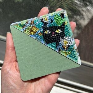 Hand Crafted BLACK CAT 02 Diamond Art Corner Bookmark, Colorful, Bling, Green